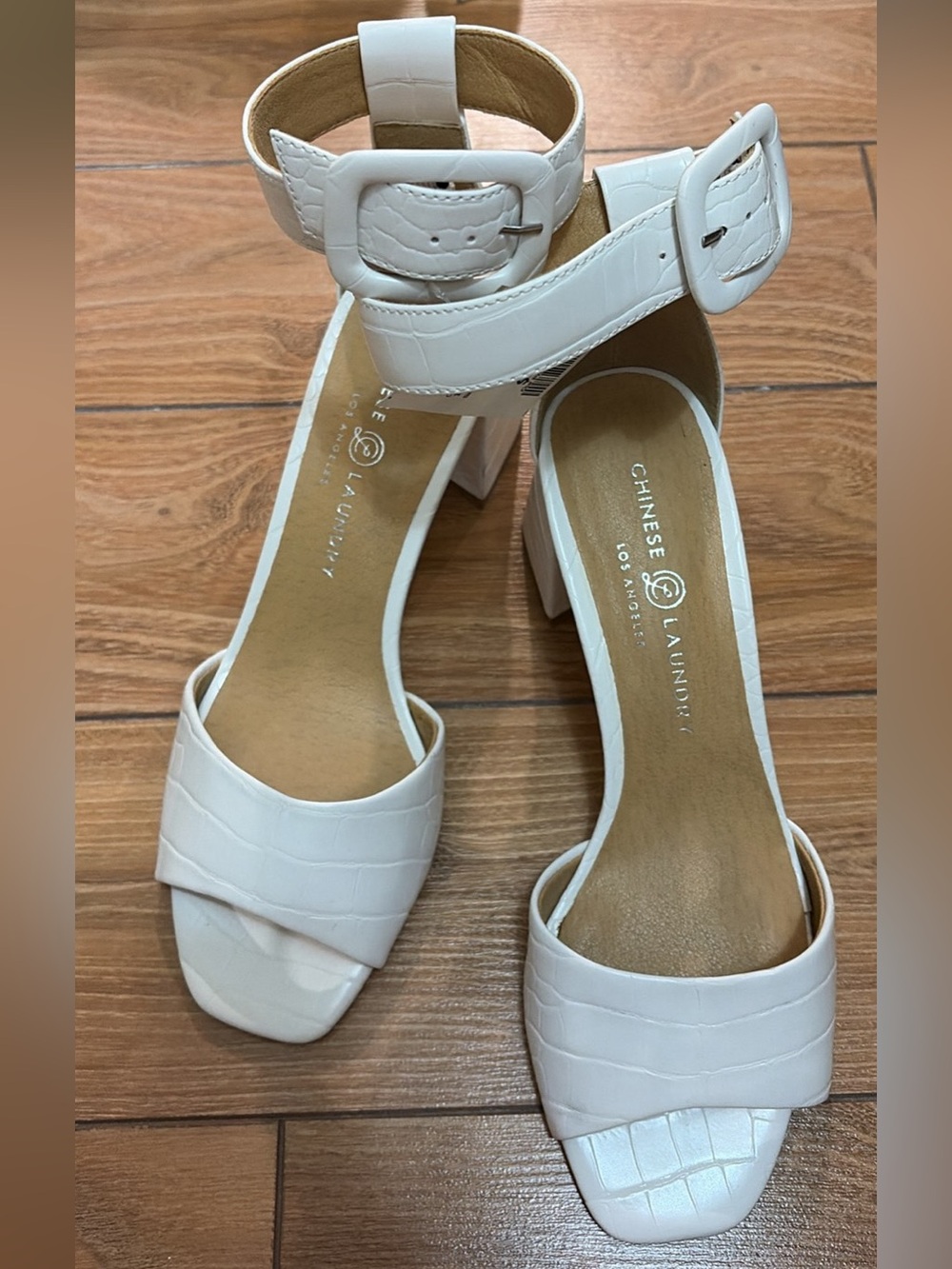 Chinese Laundry White Croc-Embossed Block Heel Sandals
